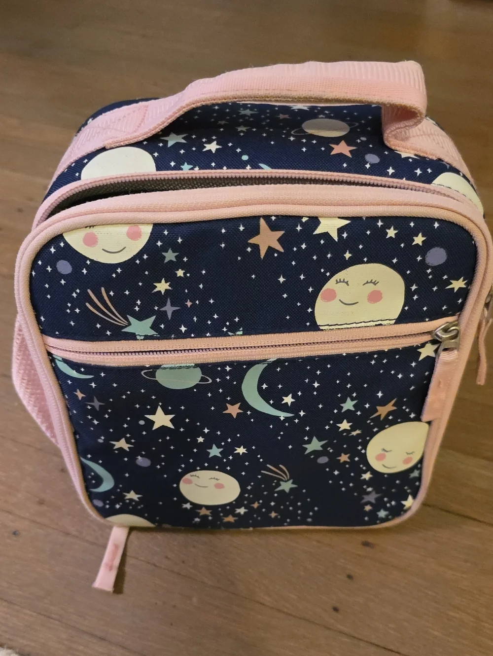 Pottery Barn Kids Mackenzie Navy Space / Stars Print Lunch Box with Pink Trim